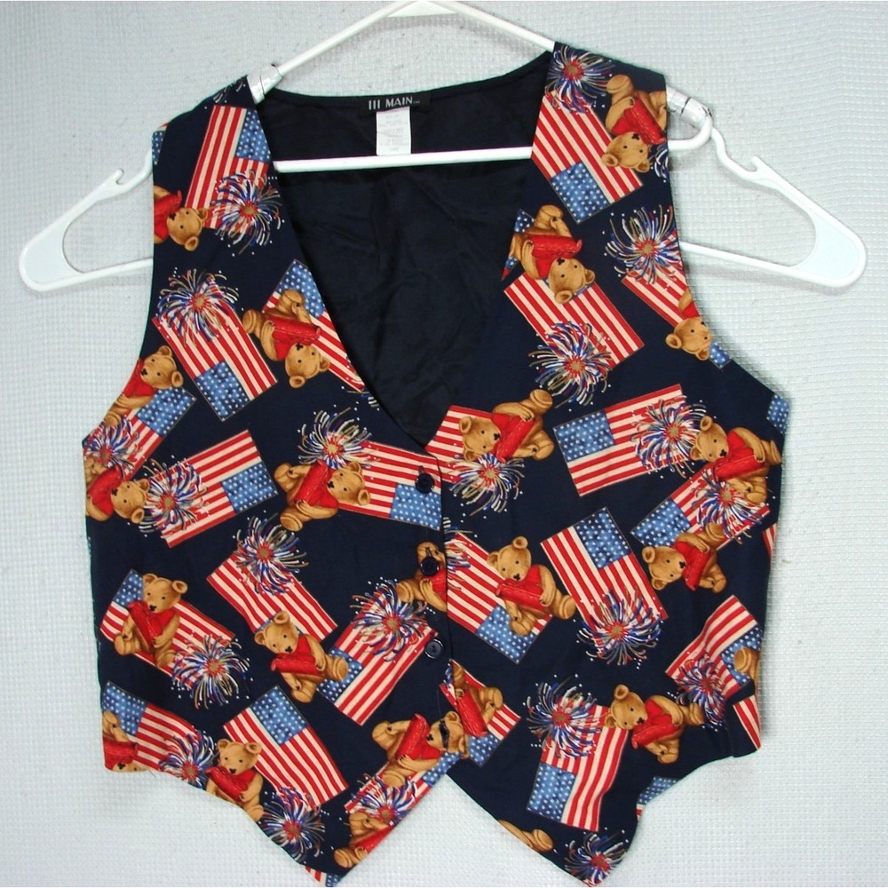 Vtg USA Patriotic Teddy Bear American Flag Fireworks Satin Back Vest 4th Of July